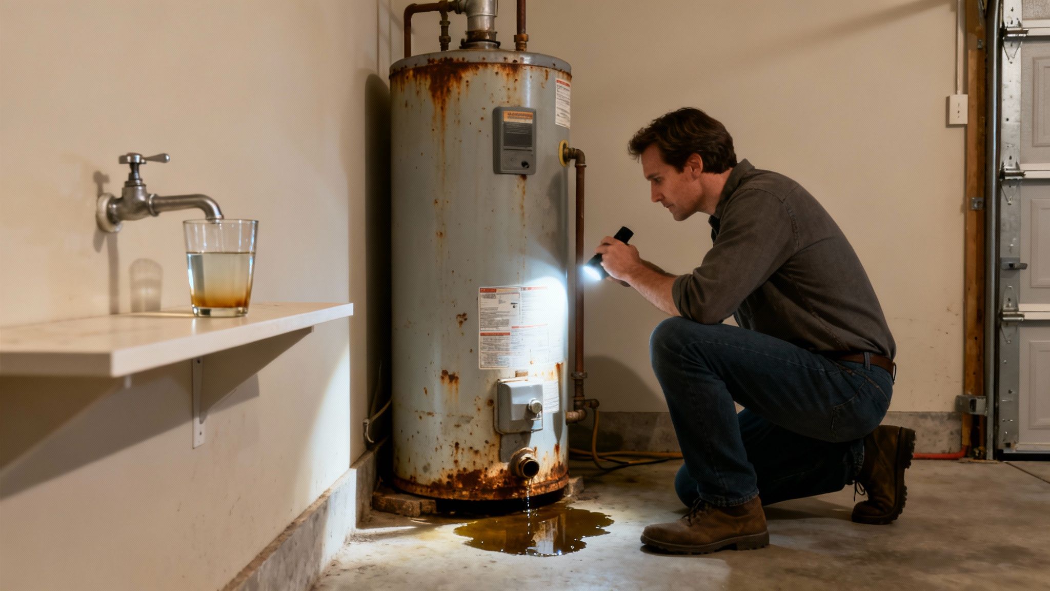 A homeowner inspects his severely corroded water heater that is leaking rusty water onto the floor.