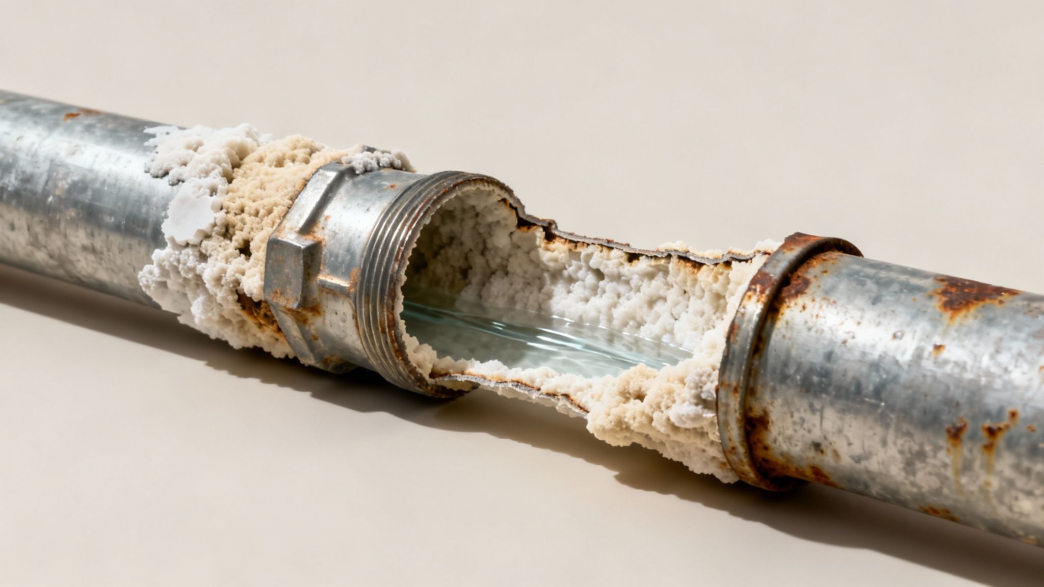 A corroded metal water pipe, cut open to reveal severe mineral deposits and water inside.