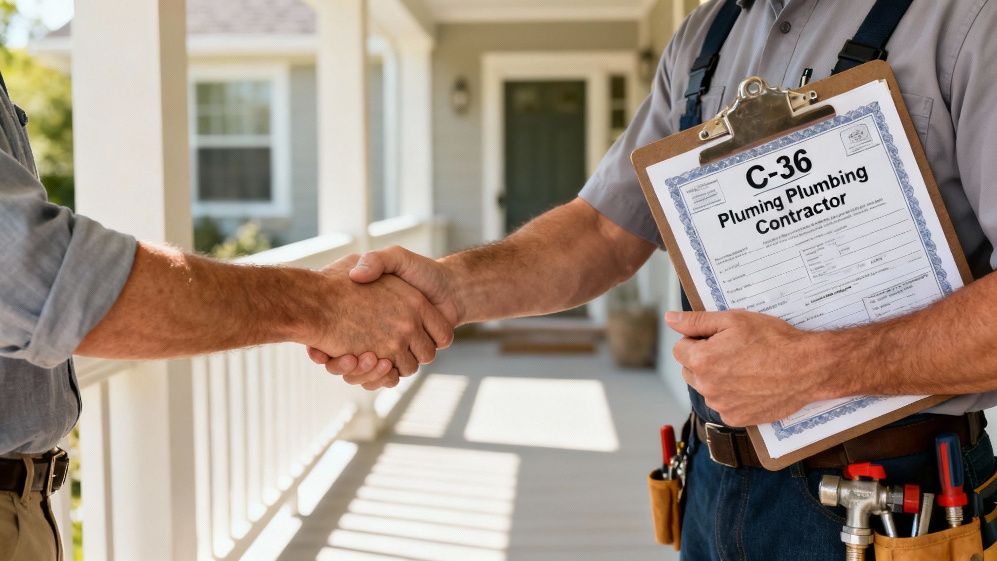 Plumbing contractor with C-36 license on clipboard shaking hands with a client on a porch.