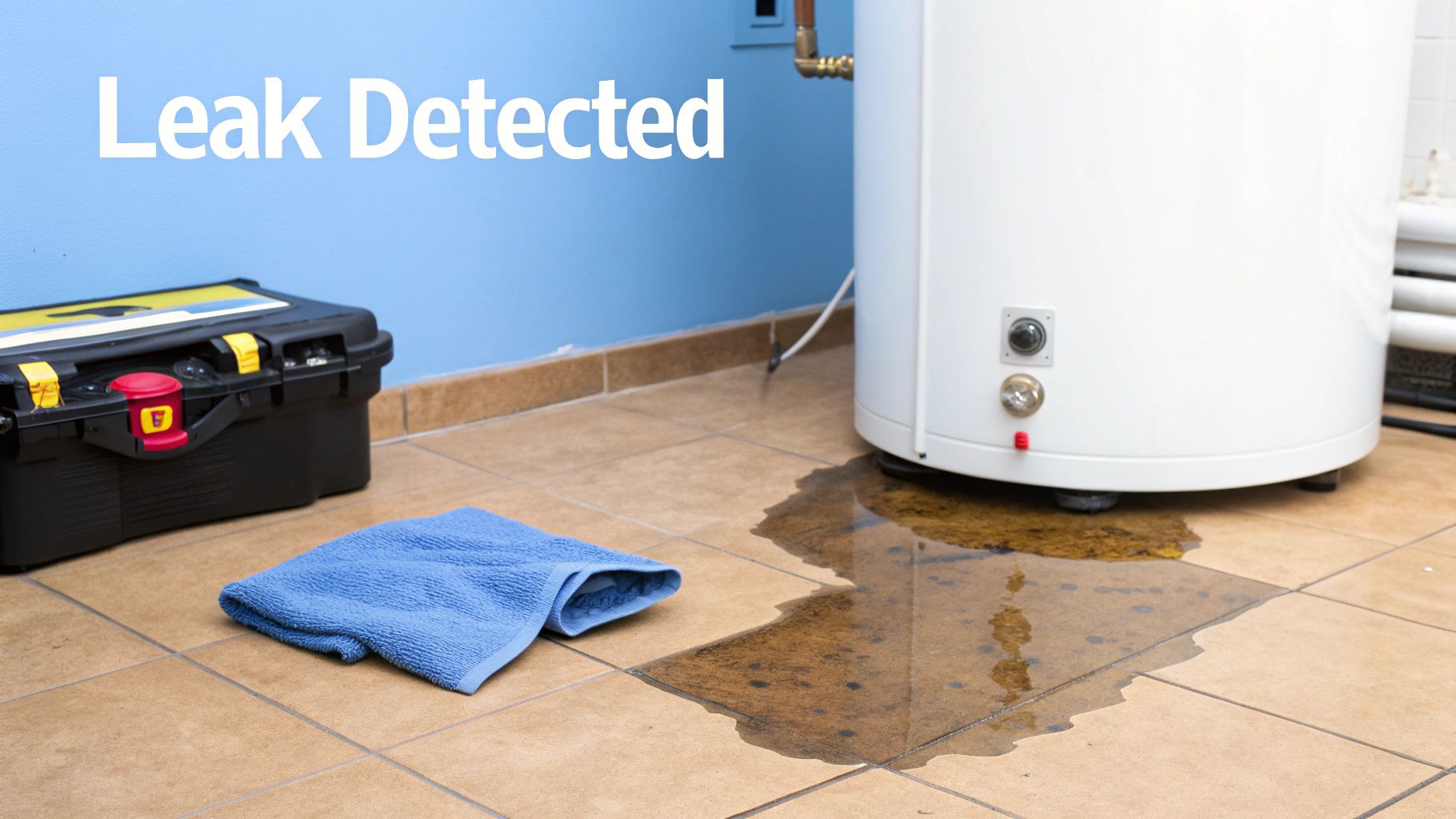 A water heater is leaking water onto a tiled floor, with a blue towel and toolbox nearby, indicating a detected leak.