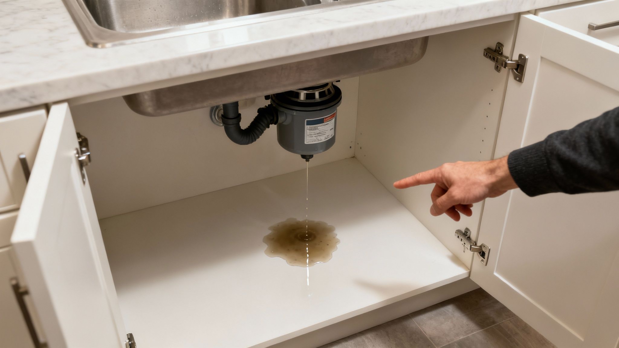 Under sink view of a leaking garbage disposal dripping water onto the white cabinet floor.