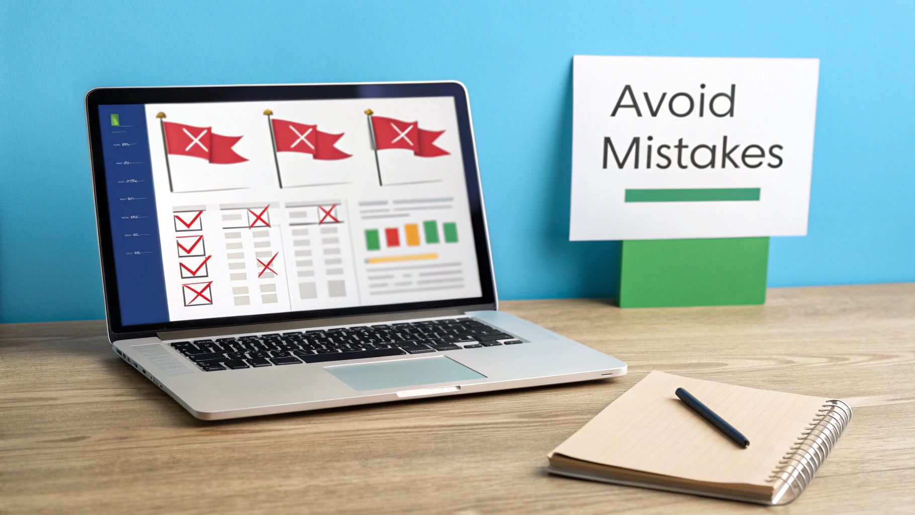 Laptop screen displaying flags, checkmarks, and crosses, with a 'Avoid Mistakes' sign and notebook.