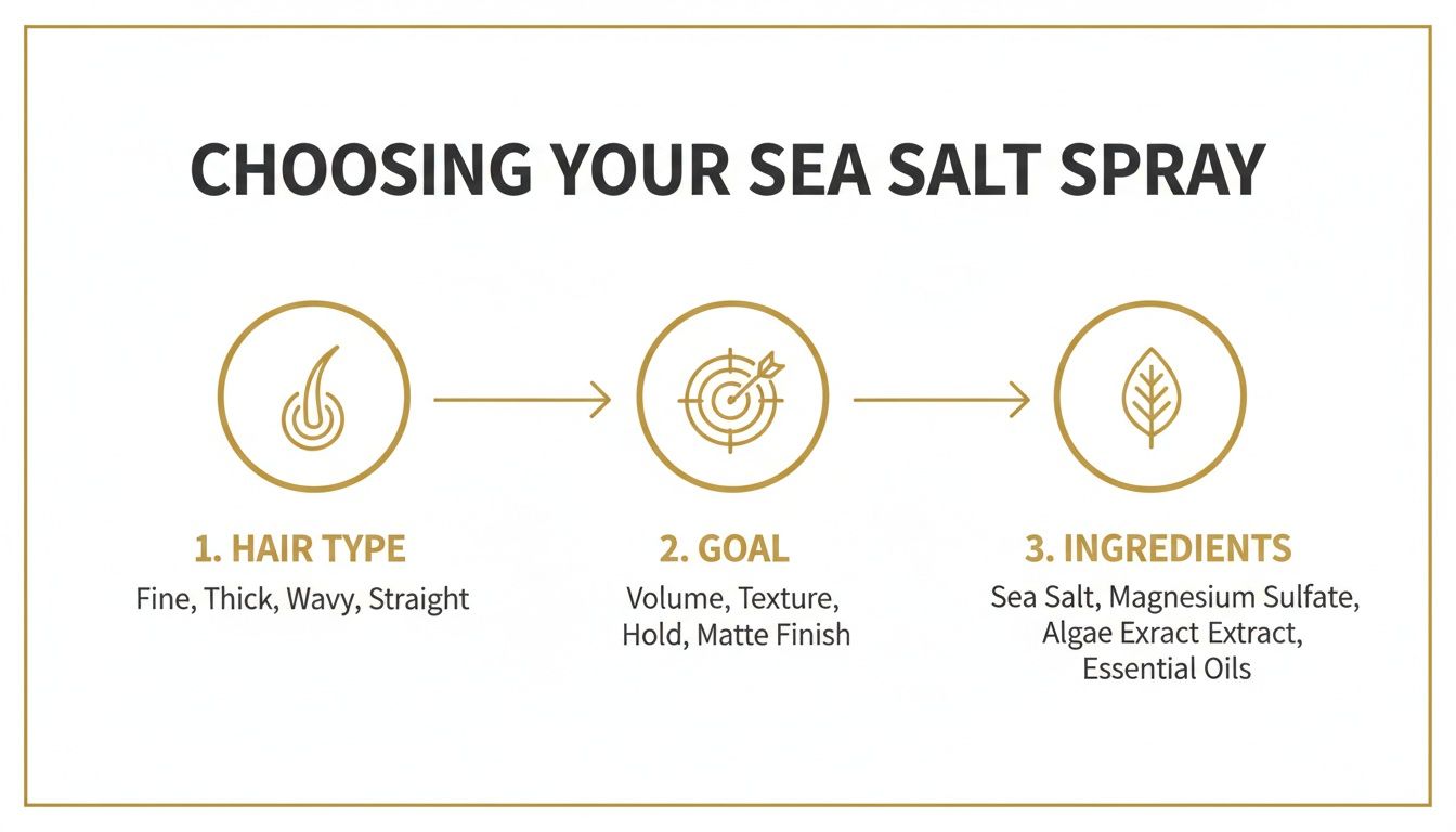 A diagram illustrating three steps to choose a sea salt spray based on hair type, goal, and ingredients.