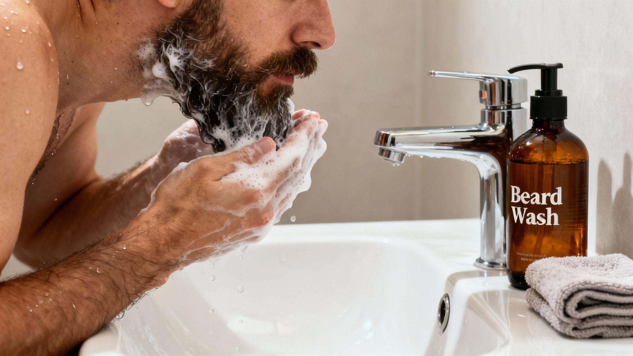 A man washing his beard with foam in a bathroom sink, with a beard wash bottle nearby.