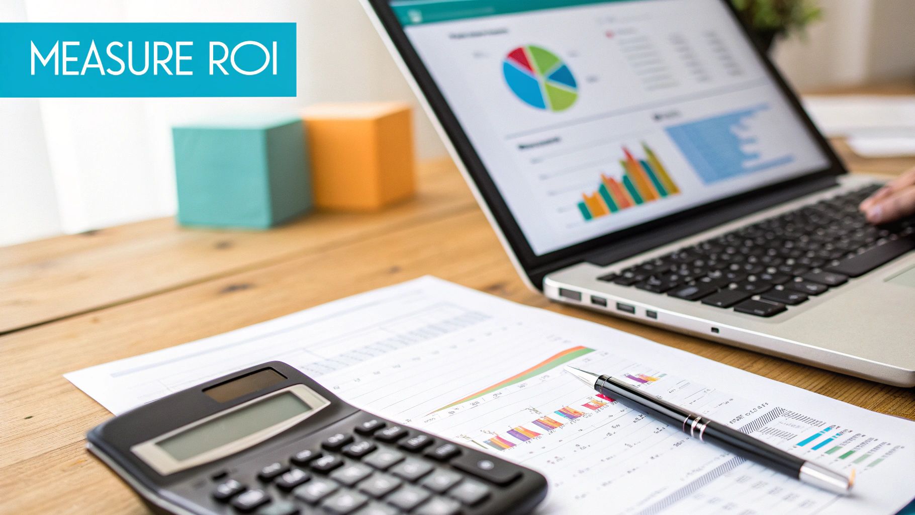 A desk with a laptop displaying charts, a calculator, pen, and documents, with 'MEASURE ROI' text.