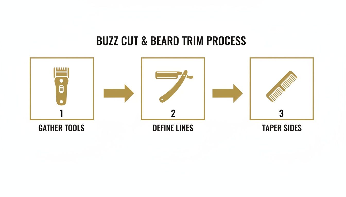 An infographic showing a three-step process for buzz cut and beard trim using a clipper, razor, and comb.
