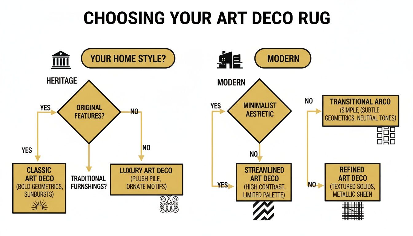 Choosing your Art Deco rug guide, featuring decision tree for identifying heritage and modern styles, including classic, luxury, streamlined, and refined Art Deco designs.
