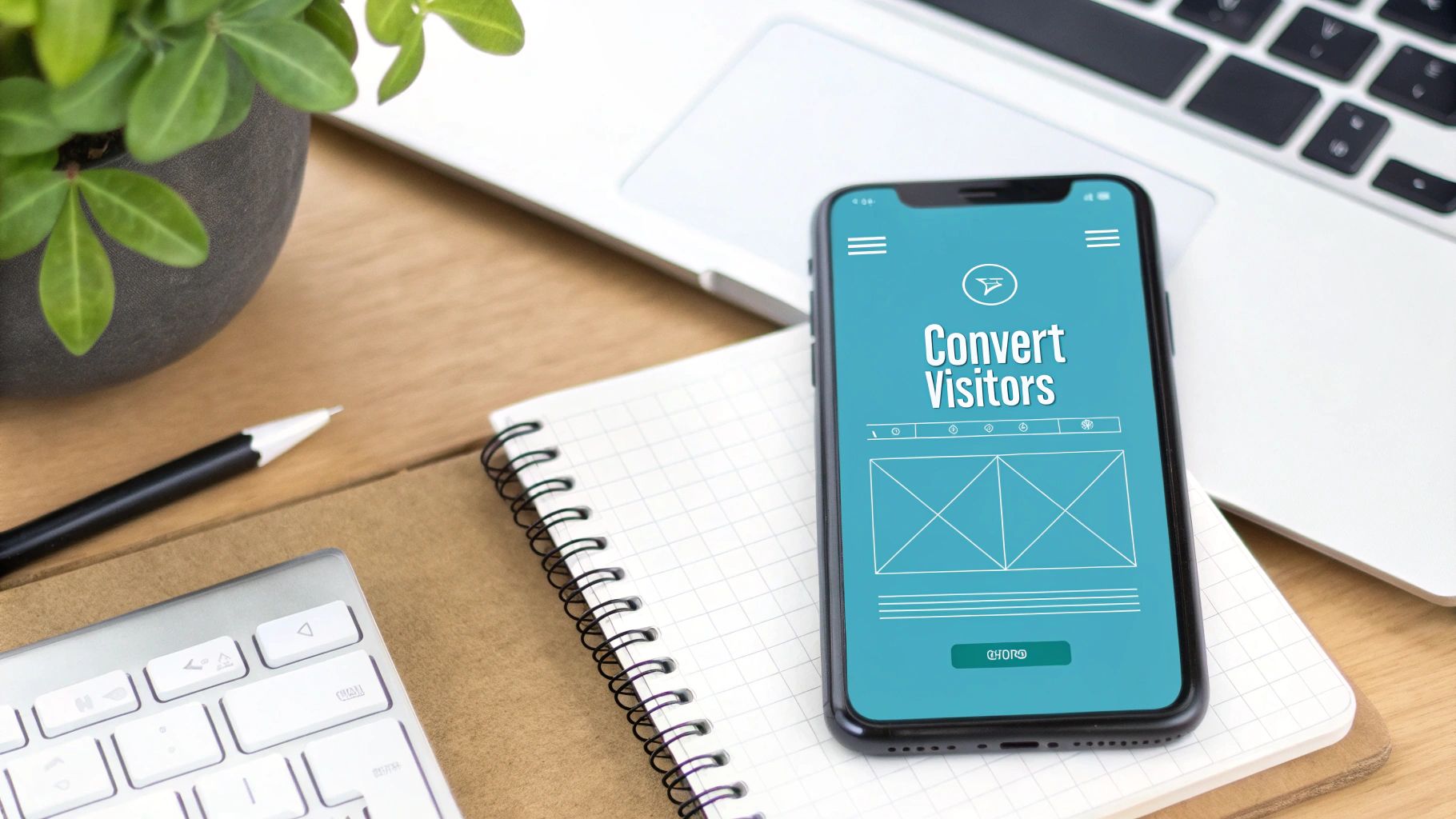 A smartphone displays 'Convert Visitors' on a screen, next to a laptop, notebook, pen, and plant on a desk.