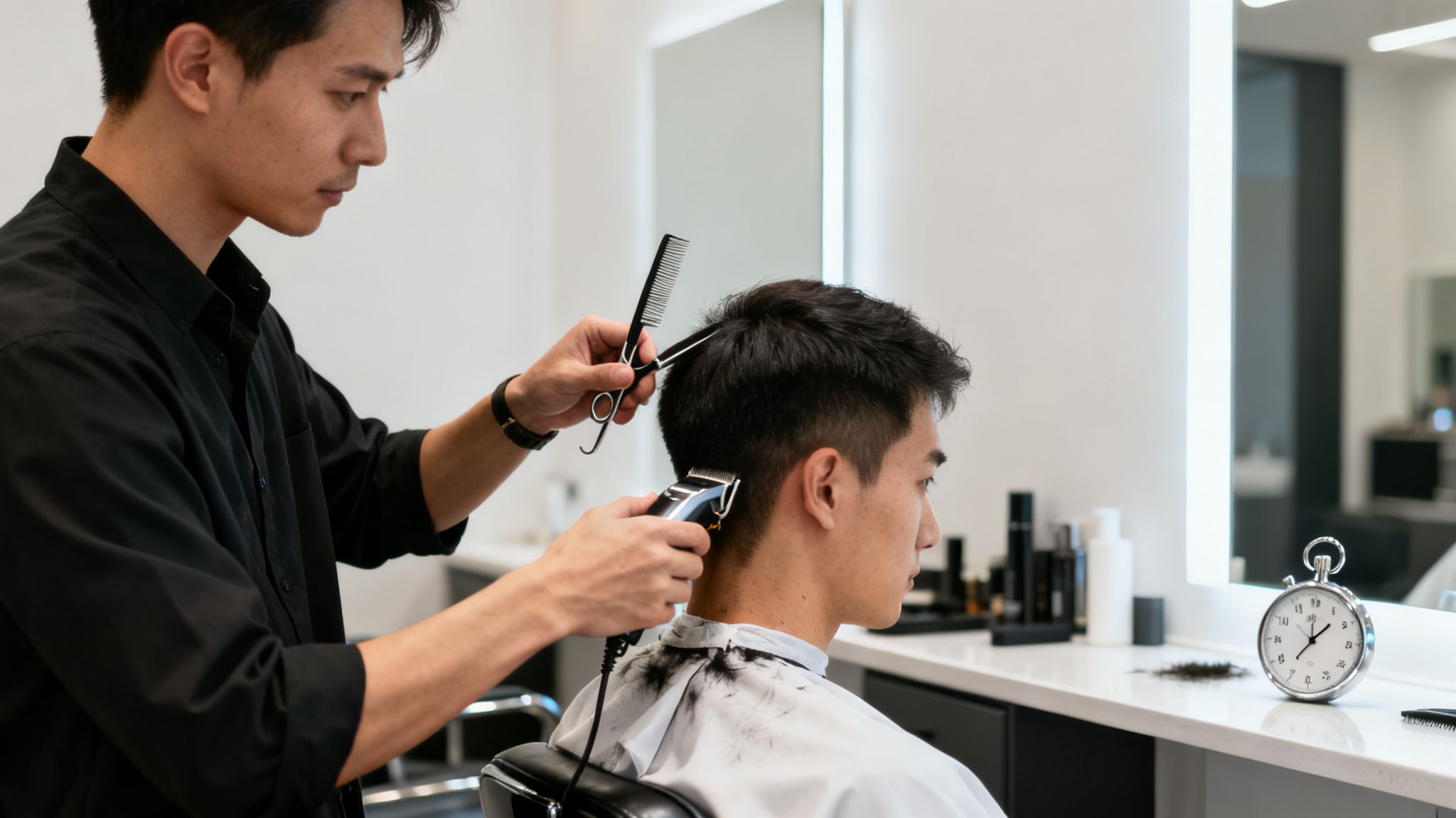 A male barber trims a client's hair with clippers and scissors in a modern salon.