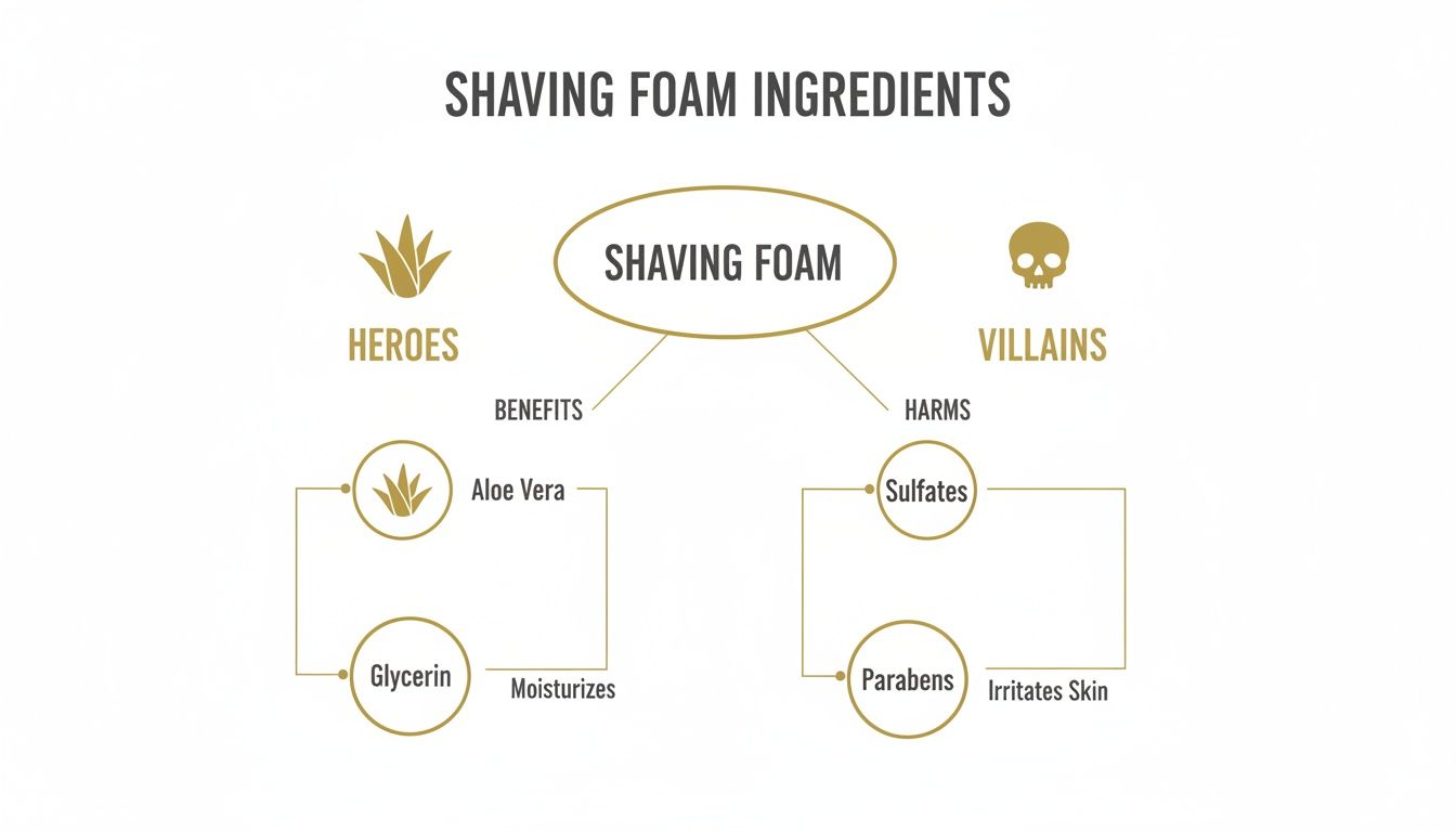 A diagram categorizing shaving foam ingredients into beneficial heroes (aloe vera, glycerin) and harmful villains (sulfates, parabens).