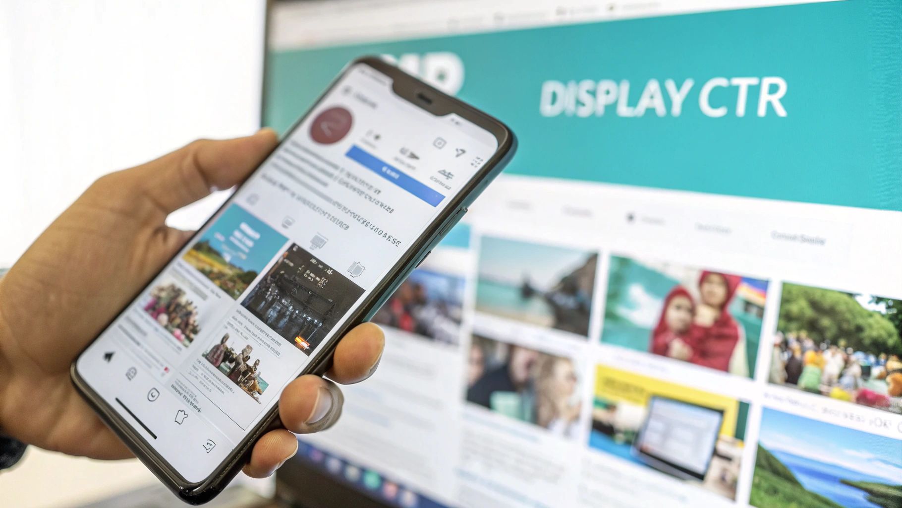 A hand holds a smartphone displaying social media content in front of a monitor with 'DISPLAY CTR'.