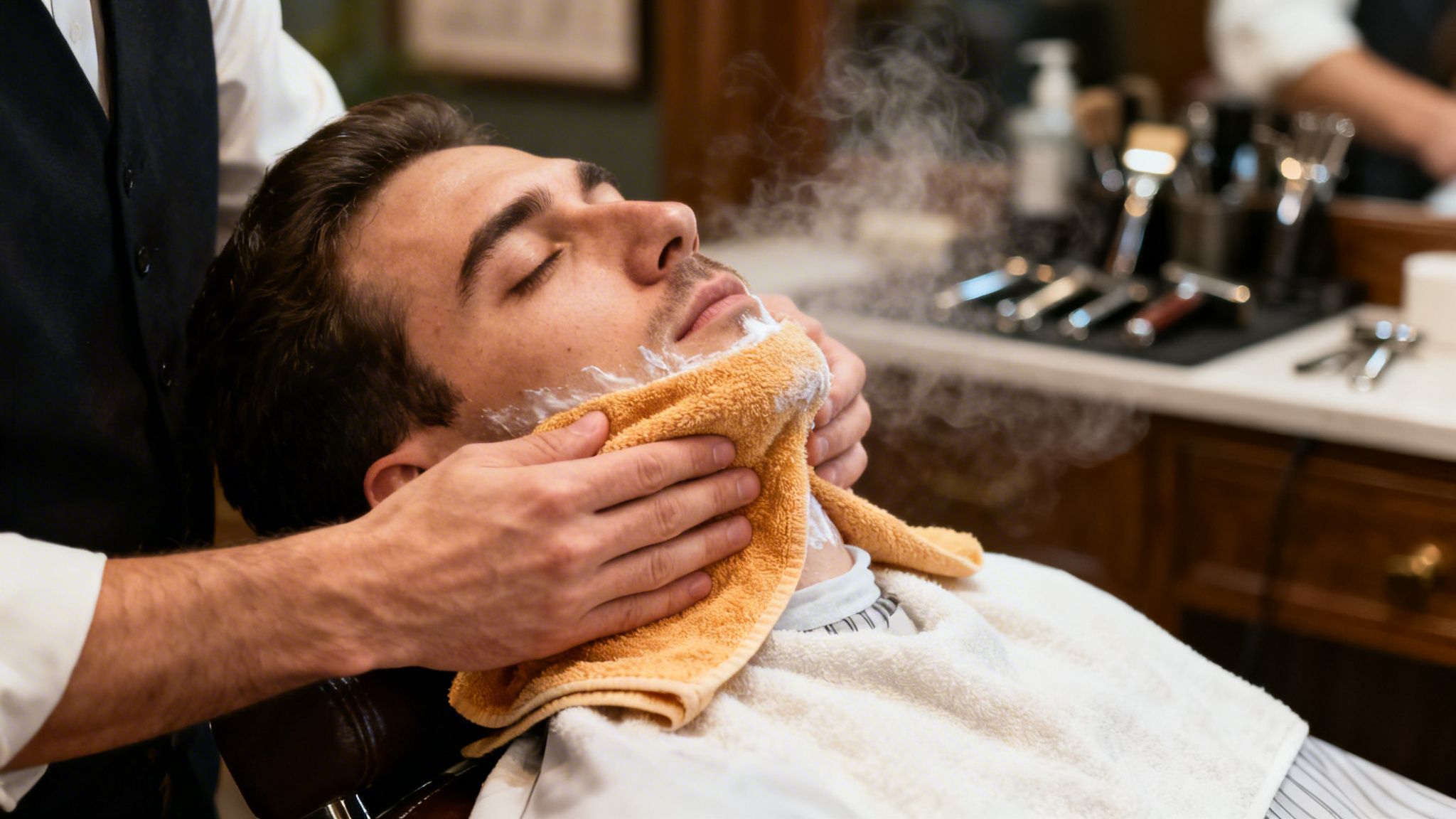 A barber carefully shaves a client's face in a modern barbershop setting.