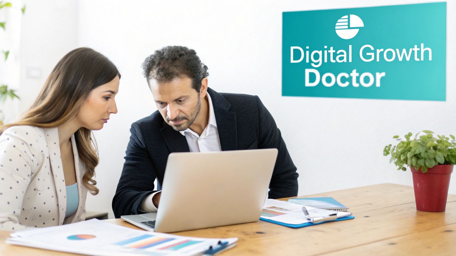 Two business professionals reviewing data on a laptop during a digital marketing consultation.