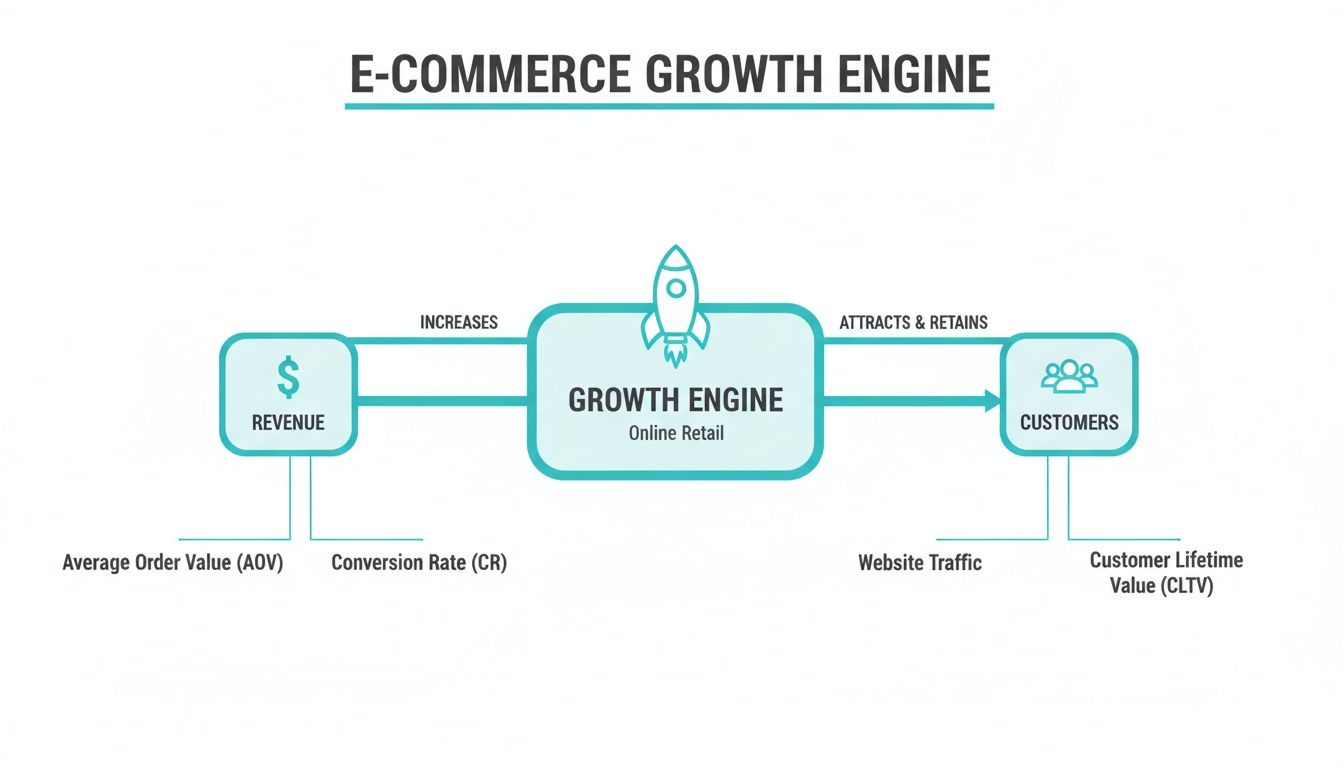 Diagram showing an E-commerce Growth Engine with connections between revenue, customers, and key performance metrics.