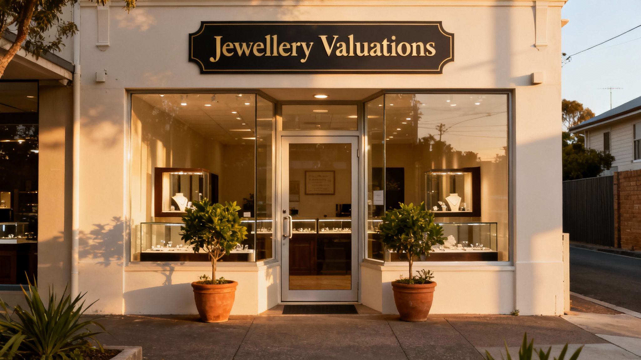 Jewellery valuations shop front in Adelaide featuring display cases with jewellery and a sign reading "Jewellery Valuations," emphasizing local expertise in jewellery assessment.