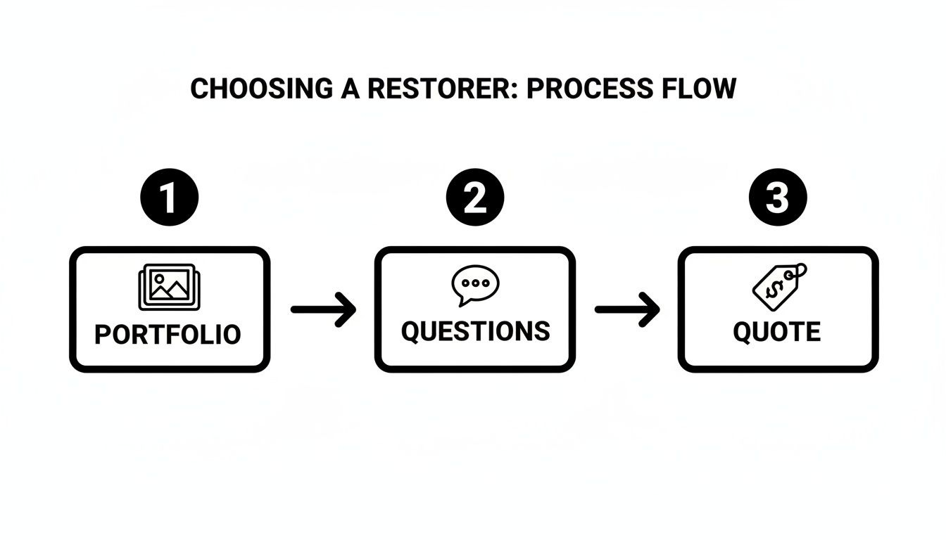 Choosing a restorer process flow diagram illustrating steps: portfolio review, asking questions, and receiving a quote for antique furniture restoration.