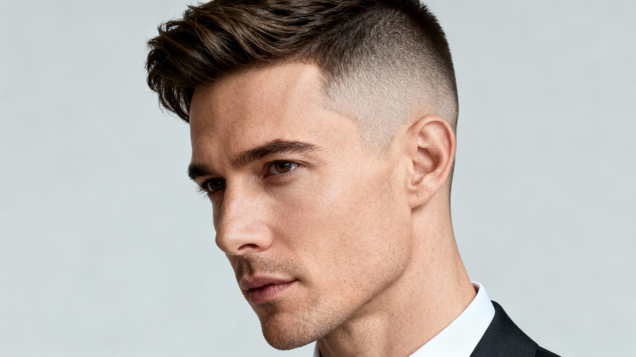 Close-up side profile of a handsome man with a modern fade haircut and dark hair.