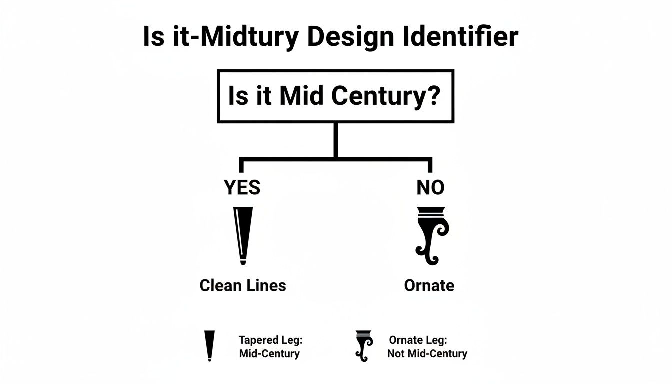 Flowchart identifying Mid-Century design, differentiating clean, tapered legs from ornate furniture legs.
