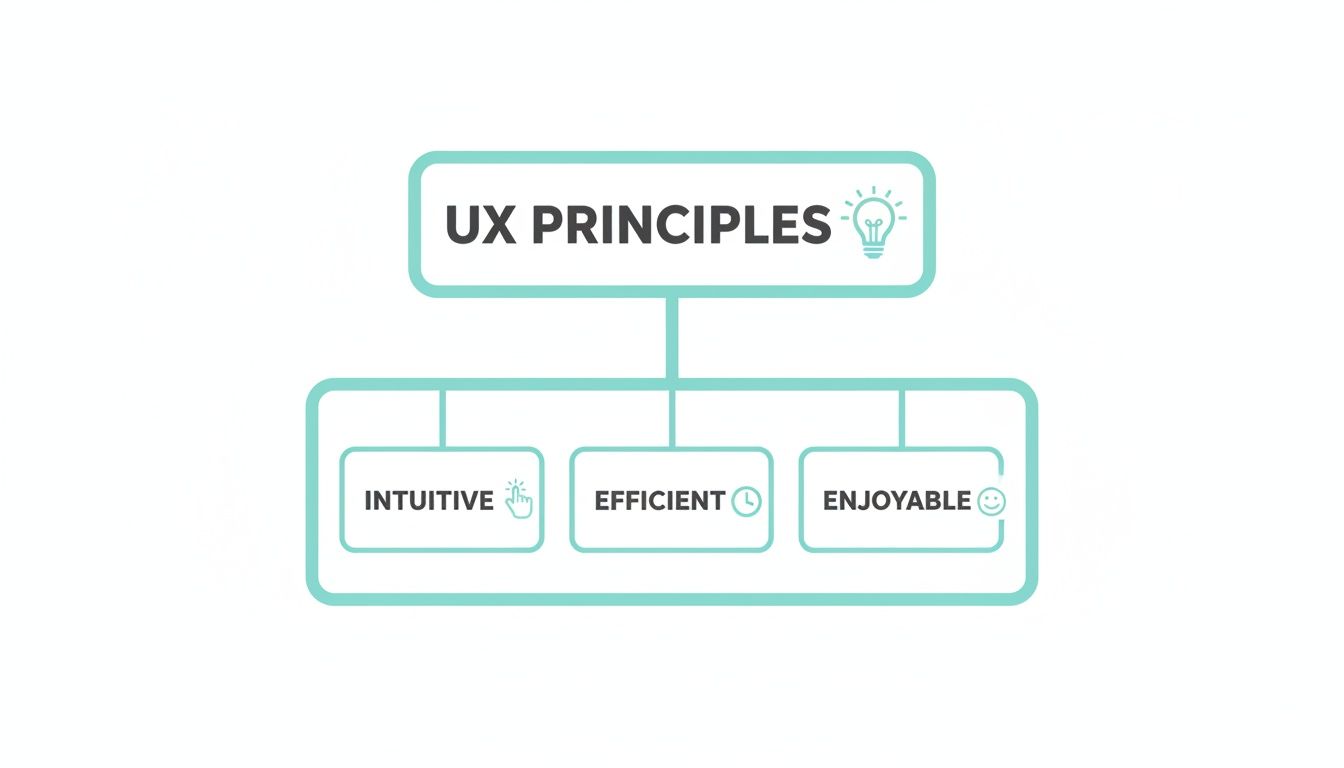 A diagram outlining UX Principles: Intuitive (with click icon), Efficient (with clock icon), and Enjoyable (with smiley icon).