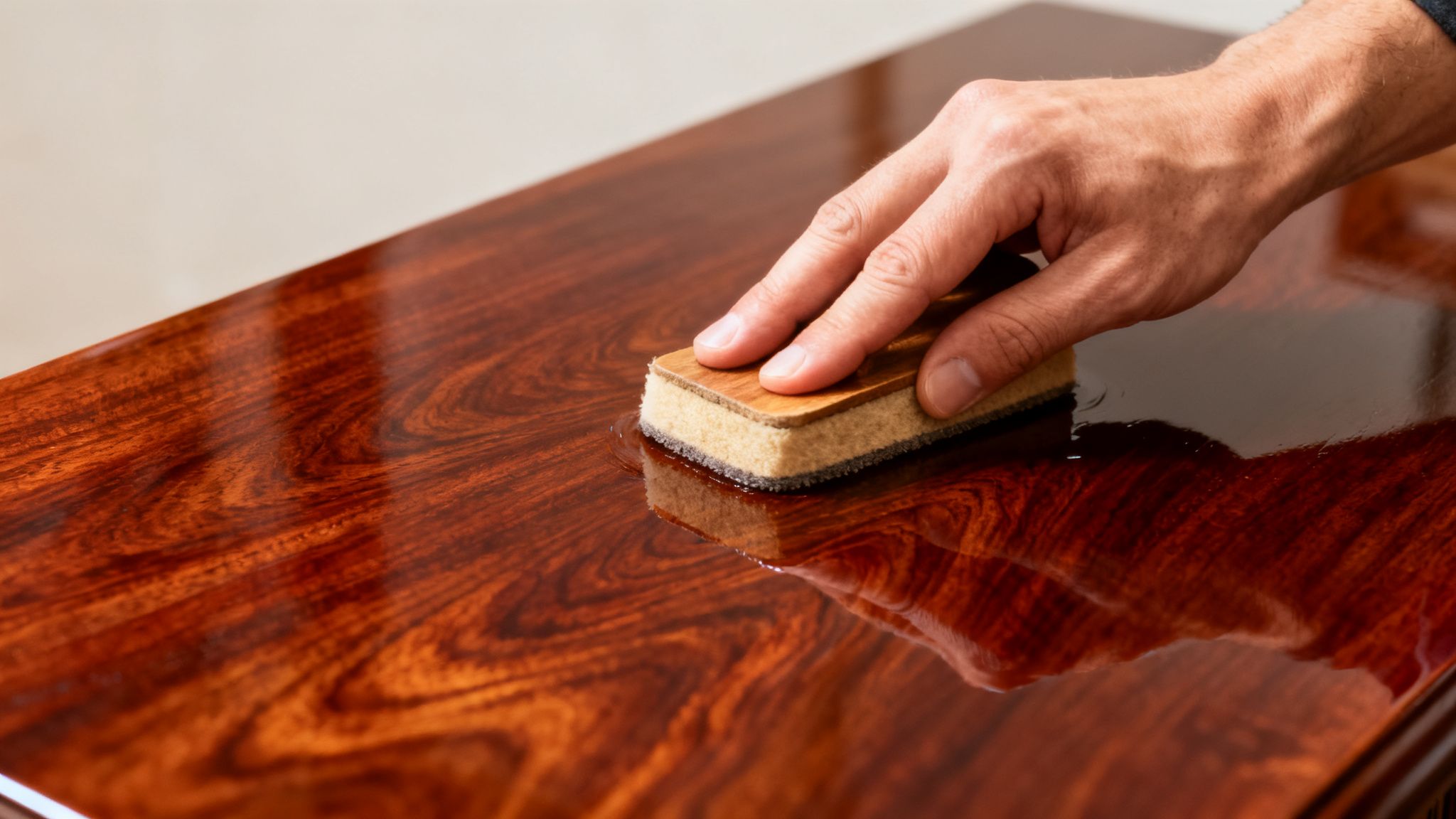 A hand applies a glossy finish to a rich, reddish-brown wooden surface with a sponge.