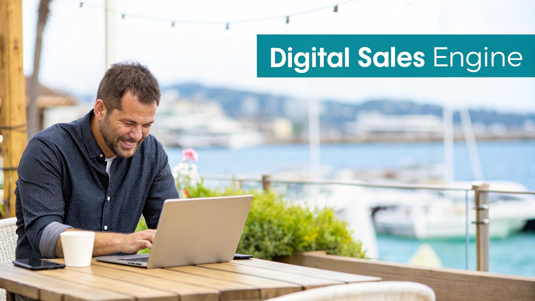 A smiling man works on a laptop outdoors overlooking a marina with boats, next to the text "Digital Sales Engine".