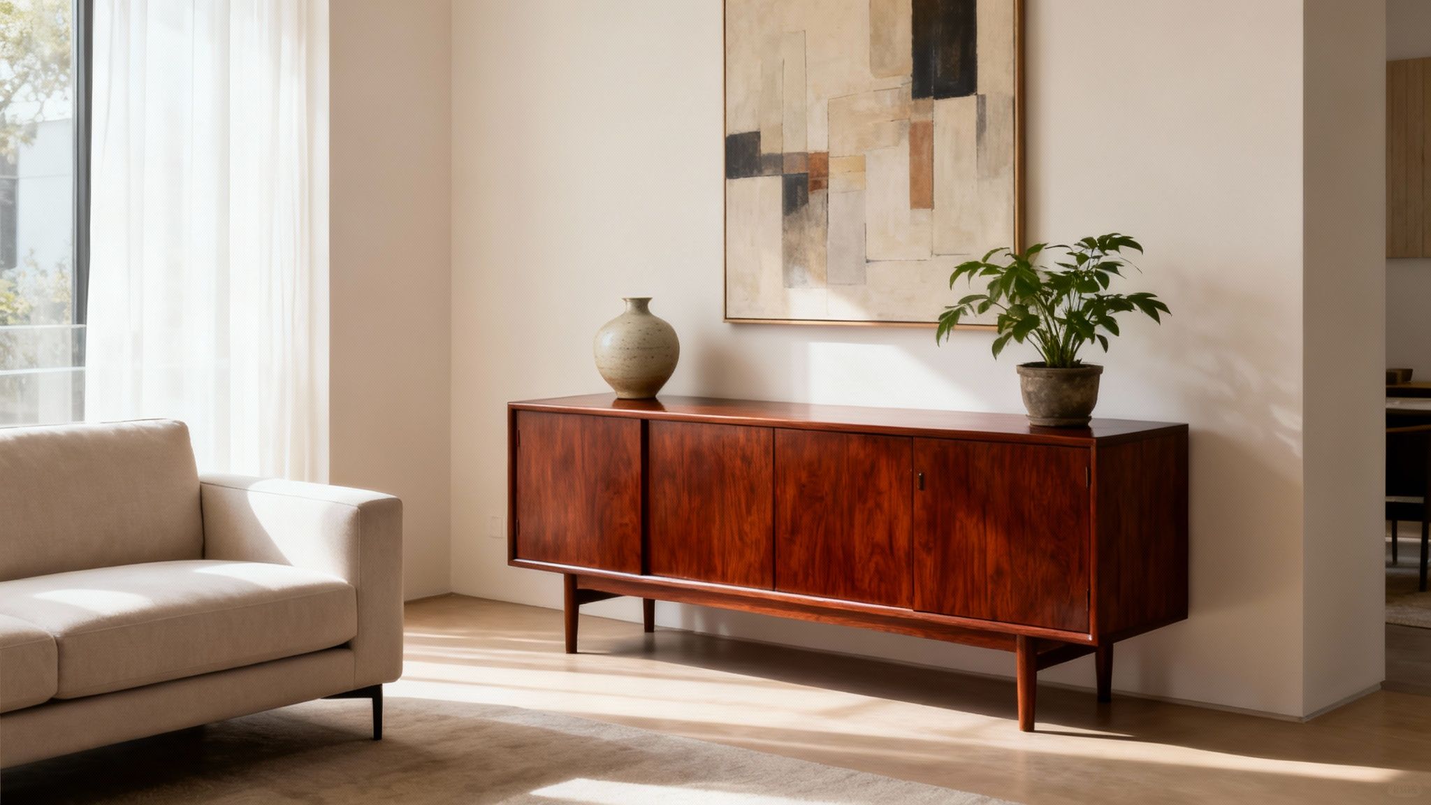 Antique mahogany sideboard with elegant design, showcasing rich wood grain, paired with a decorative vase and potted plant, set in a modern interior space.