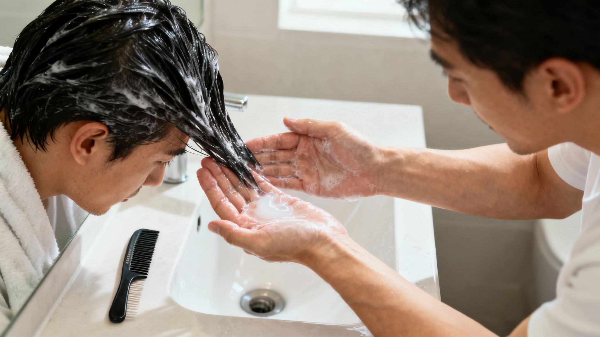 A man washing his long hair with shampoo or conditioner over a bathroom sink.