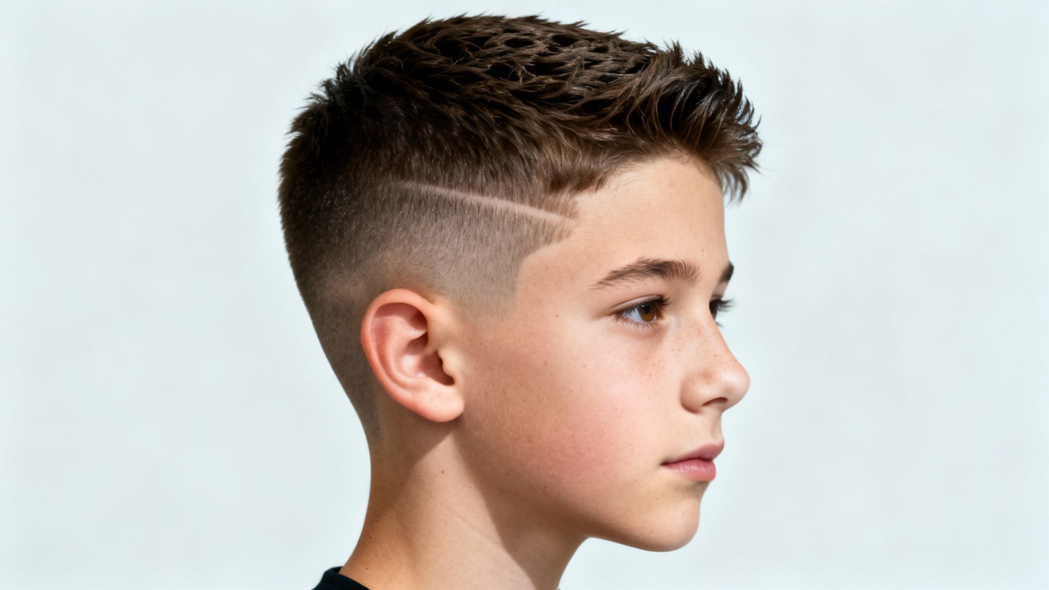 A young boy with a stylish faded haircut and a distinctive hair design on his side.
