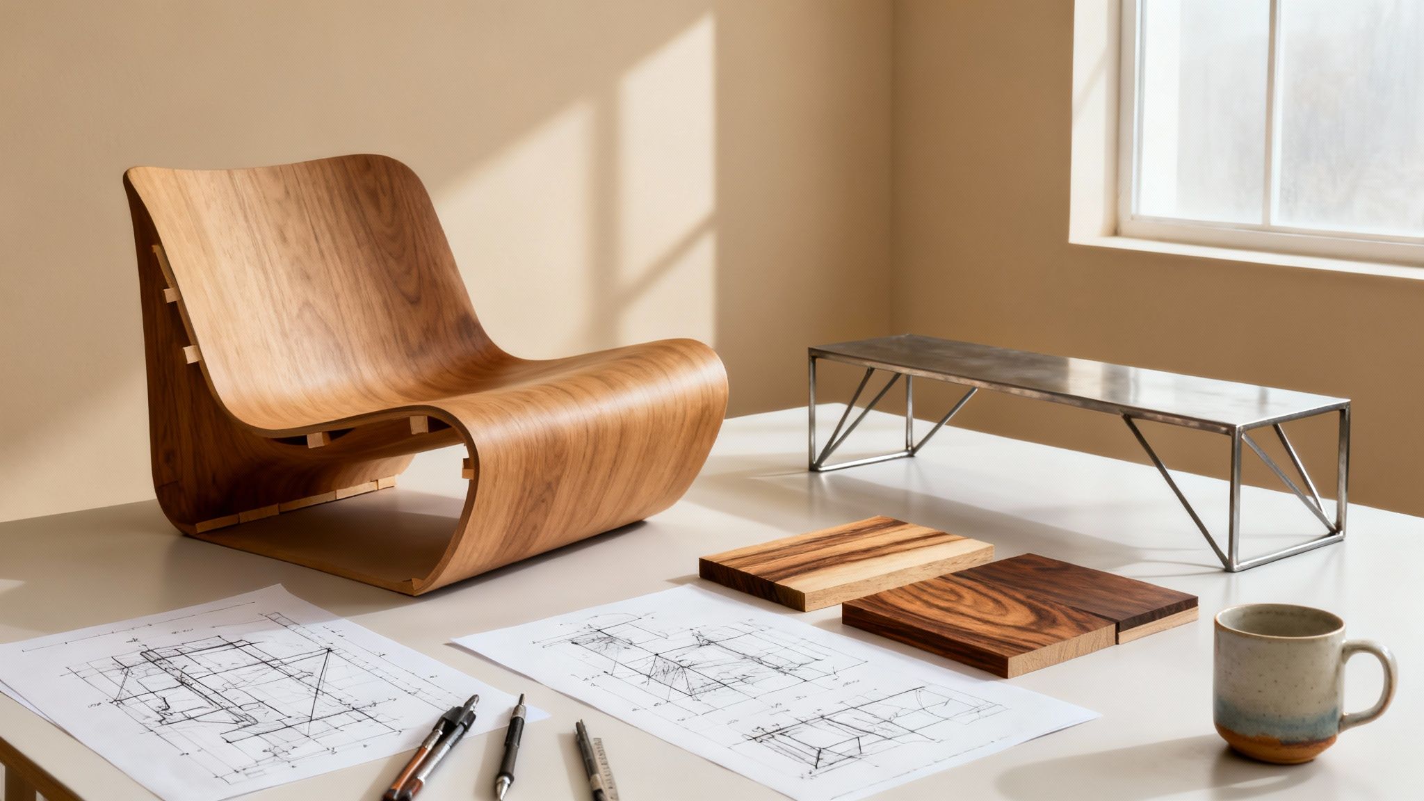 A modern wooden lounge chair, design blueprints, wood samples, and a metal stand on a table.