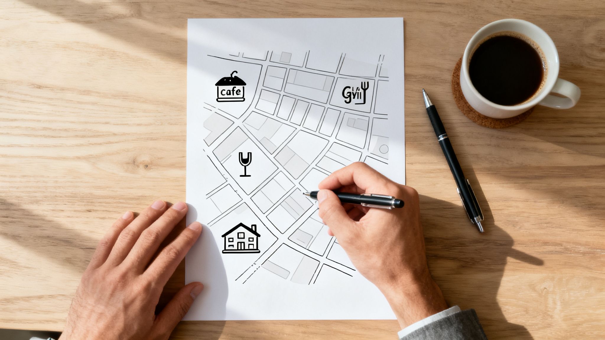 A person draws on a map showing local businesses like a cafe, restaurant, bar, and a house.