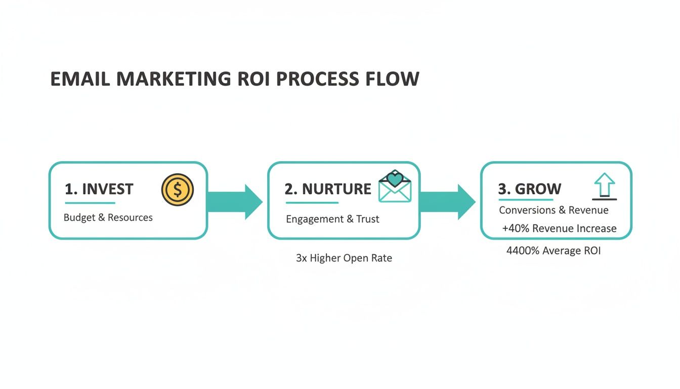 Email marketing ROI process flow showing steps to invest, nurture engagement, and grow revenue with high ROI.