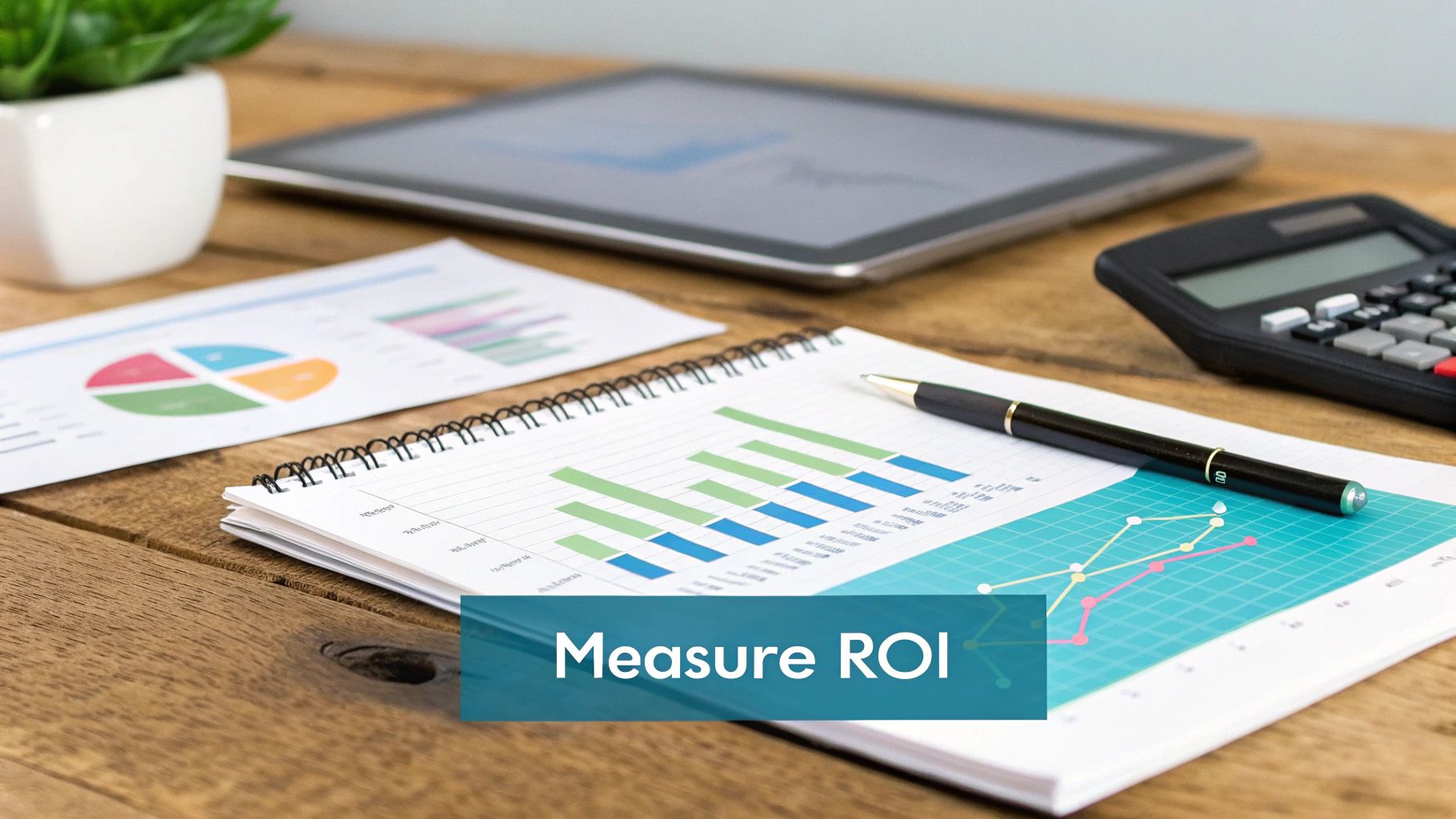A desk with financial charts, graphs, a calculator, tablet, and pen, with 'Measure ROI' text.