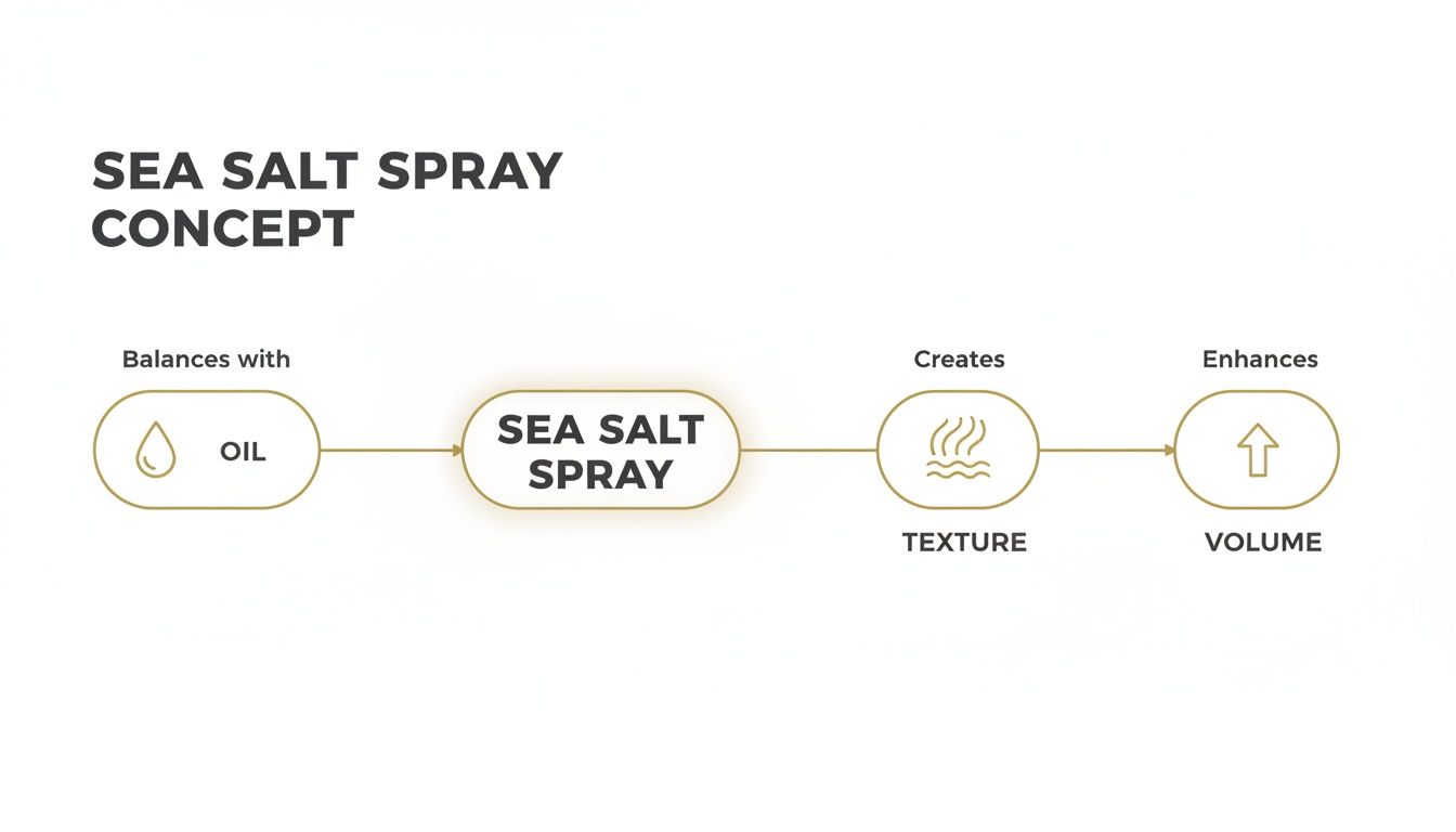 A concept diagram illustrates the effects of sea salt spray, showing it balances with oil, creates texture, and enhances volume.