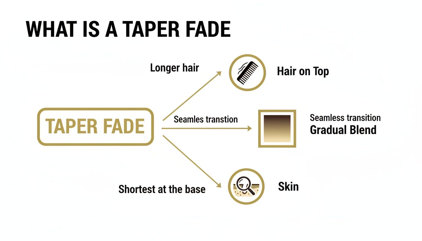 Diagram illustrating a taper fade, showing the gradual blend from longer hair on top to shortest at the base.