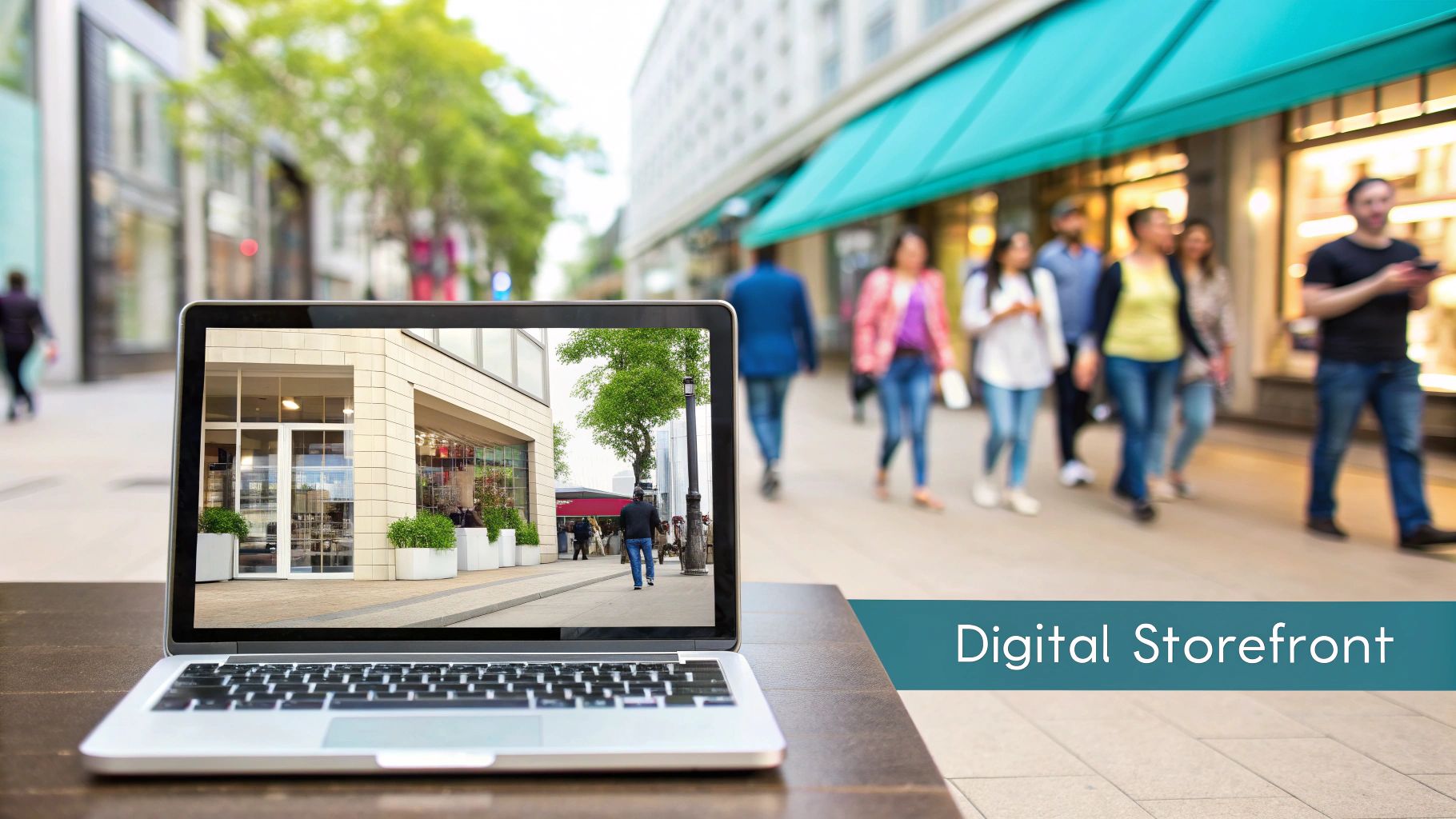 A laptop displays a digital storefront, with a busy, blurred shopping street in the background.