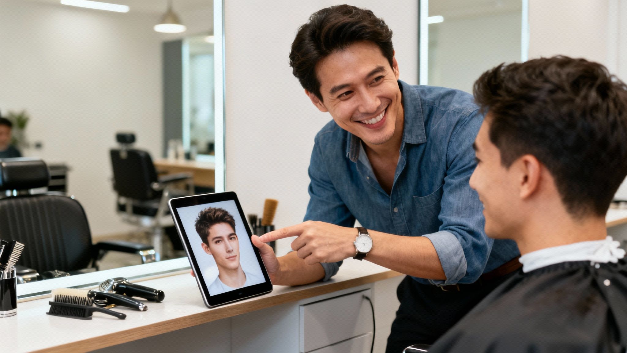 Smiling barber shows haircut styles on a tablet to a male customer in a modern barbershop.