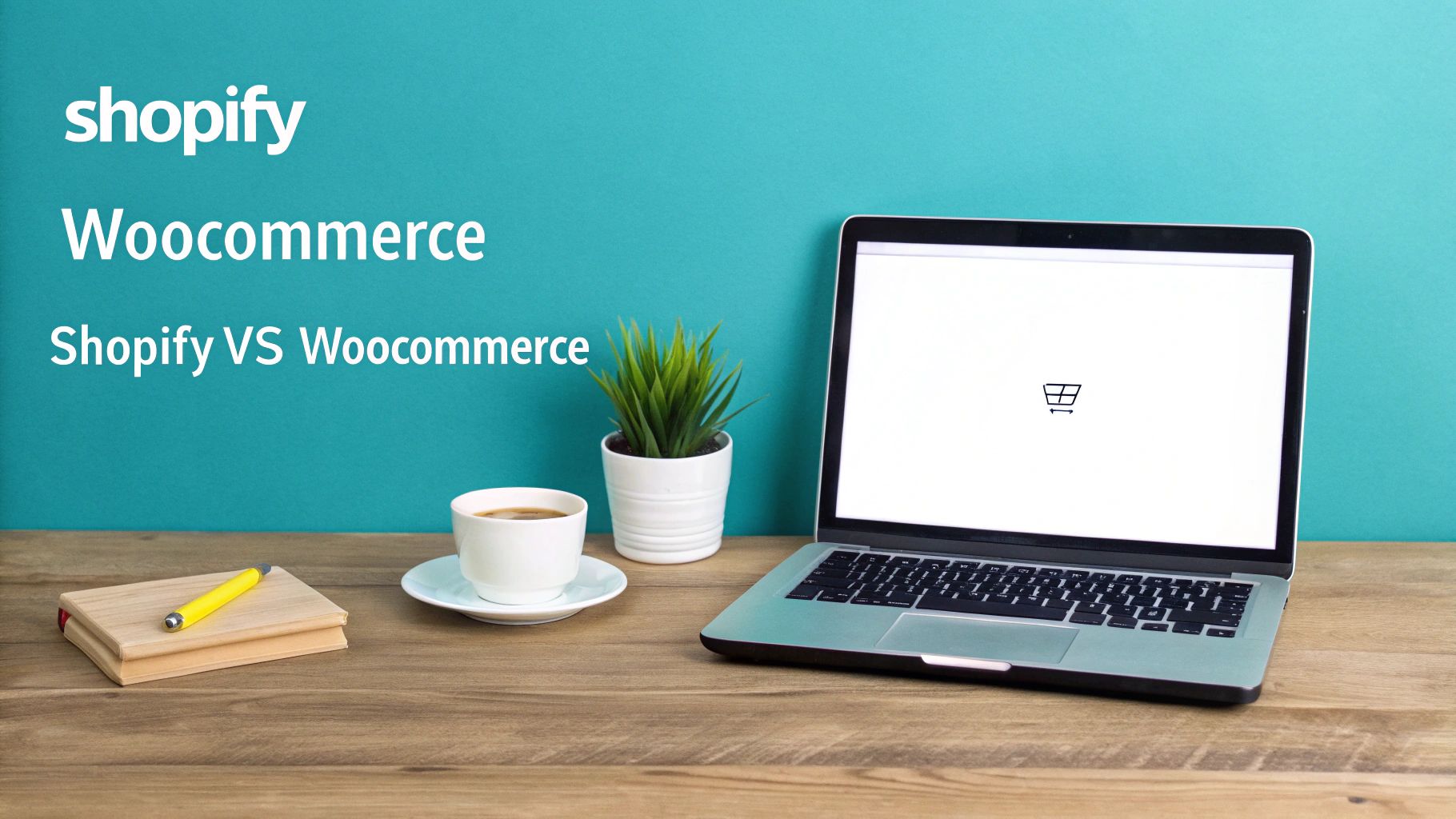 A workspace with a laptop displaying a shopping cart icon, coffee, and plant, contrasting Shopify and Woocommerce.