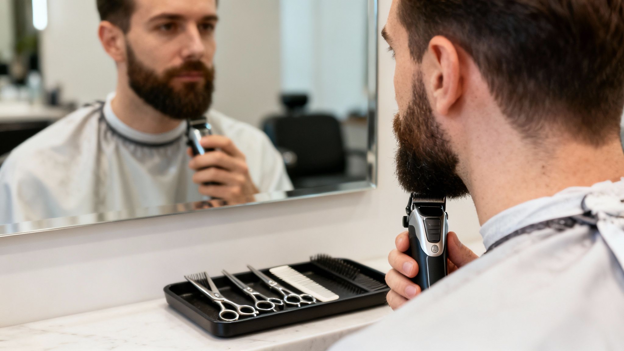 A man trims his beard with an electric shaver, reflected in a mirror at a barber shop.