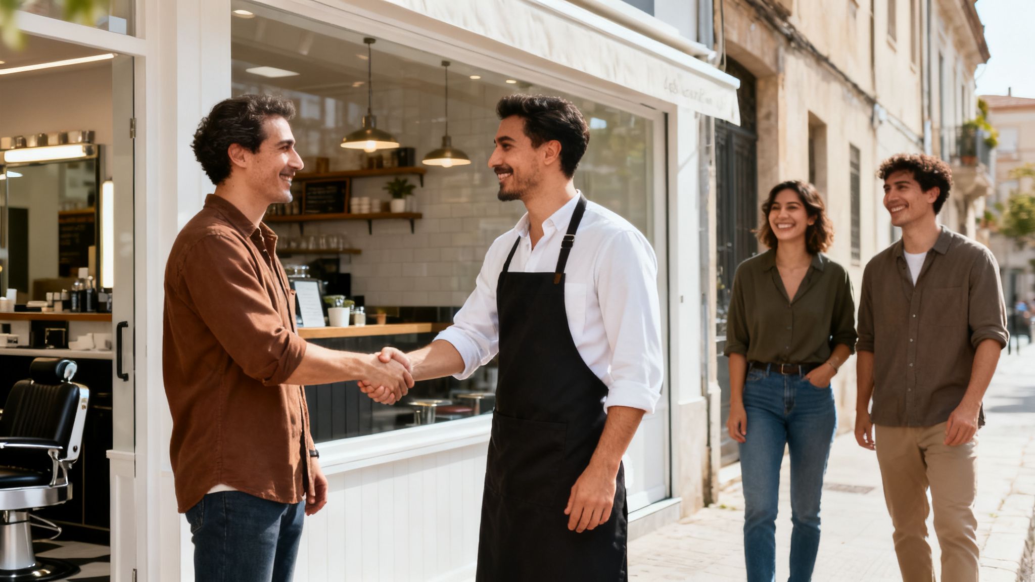 Two smiling men shake hands outside a shop, with people walking by on a sunny street.