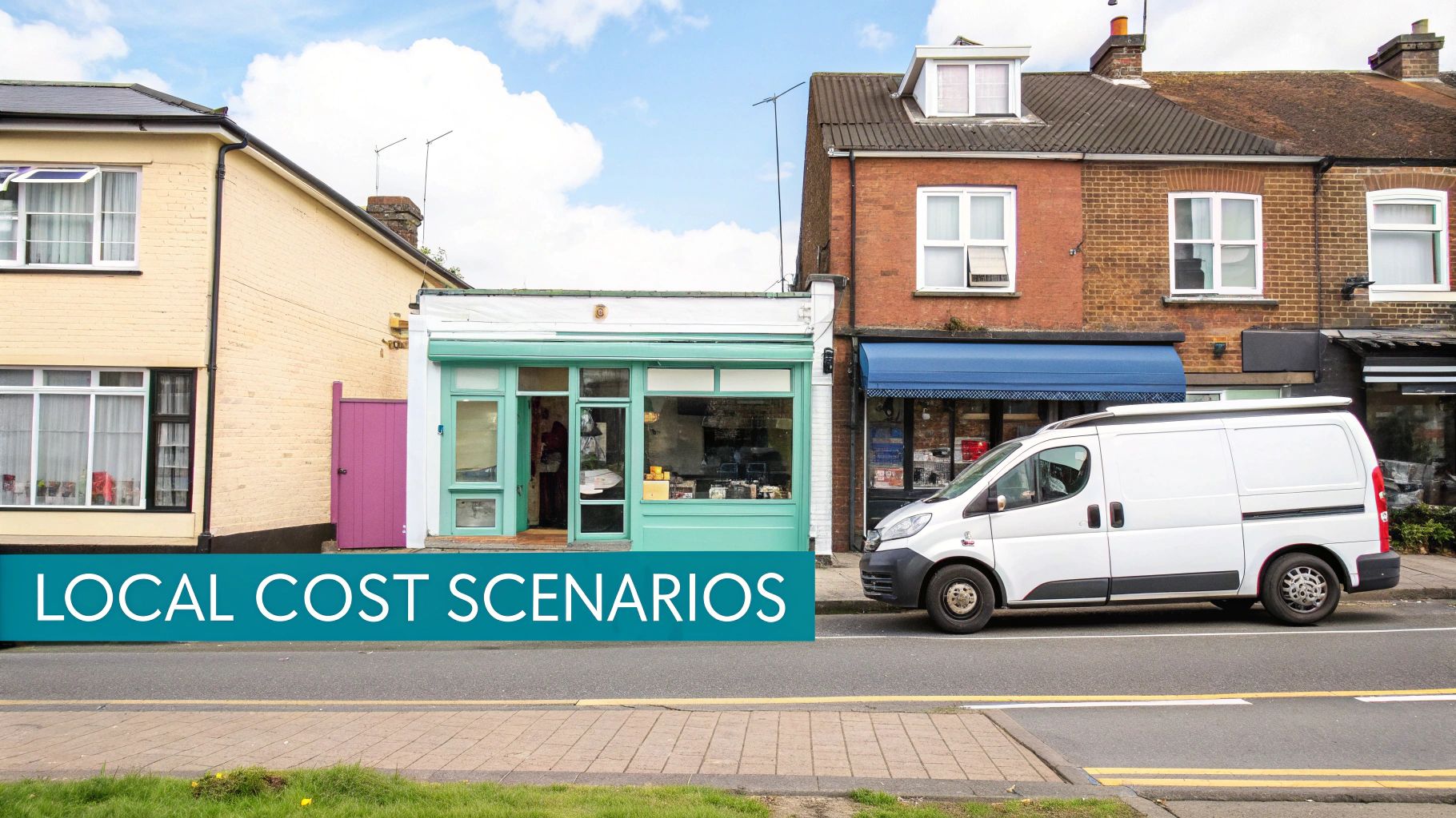 A vibrant street scene featuring various local shops, residential buildings, a parked white van, and a "LOCAL COST SCENARIOS" banner.