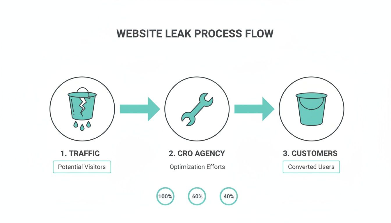 Illustrative diagram of a website leak process, showing traffic converted to customers by a CRO agency.