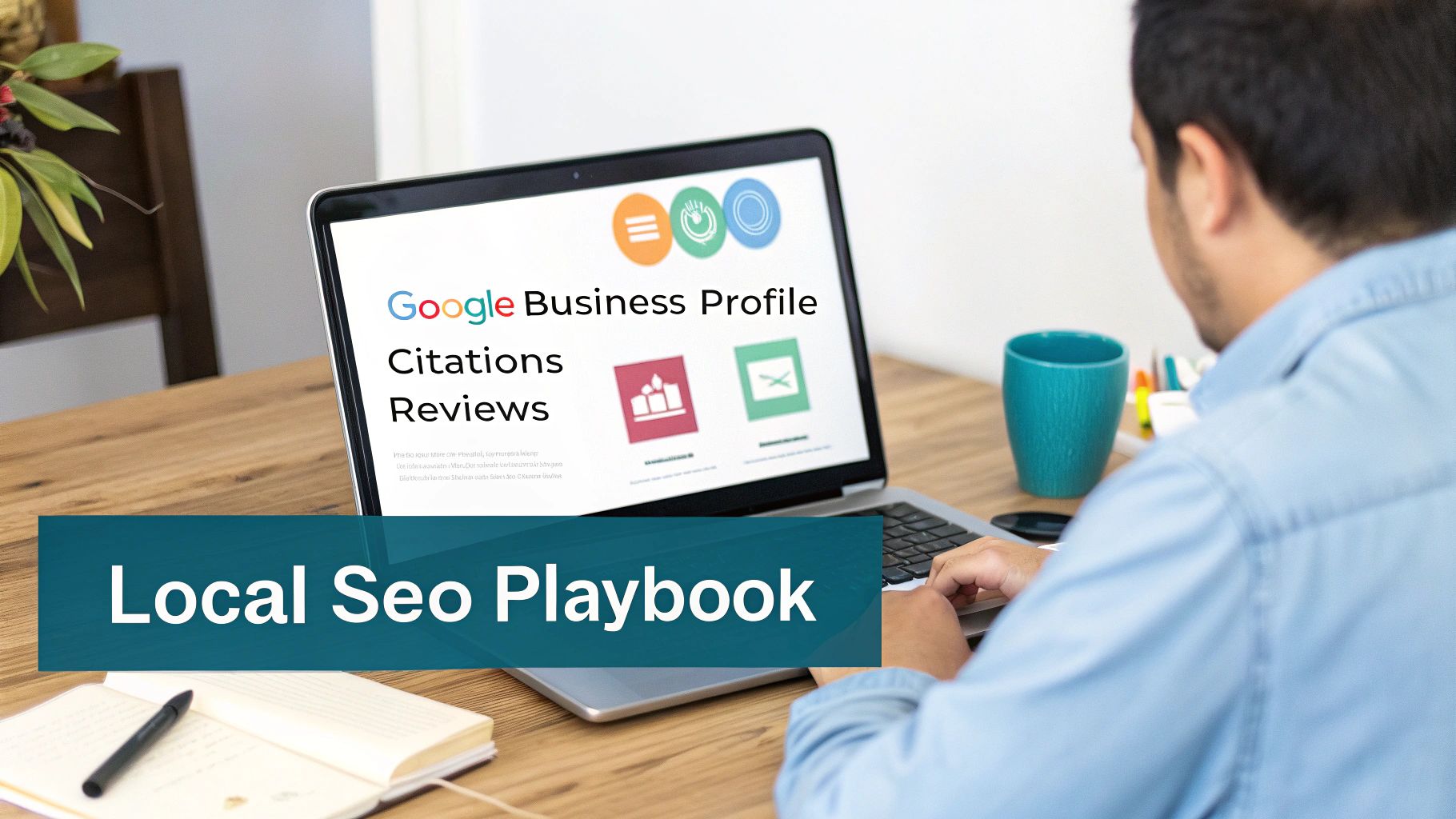 A person works on a laptop showing Google Business Profile concepts for local SEO.