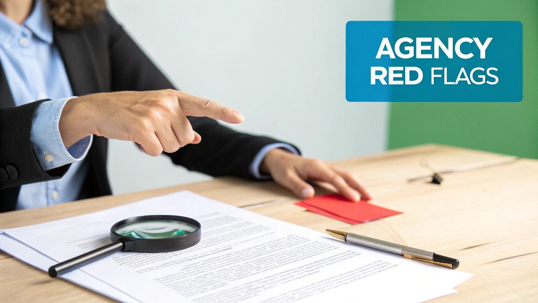 A business person points on a desk with a magnifying glass, documents, and red cards, next to 'AGENCY RED FLAGS' text.