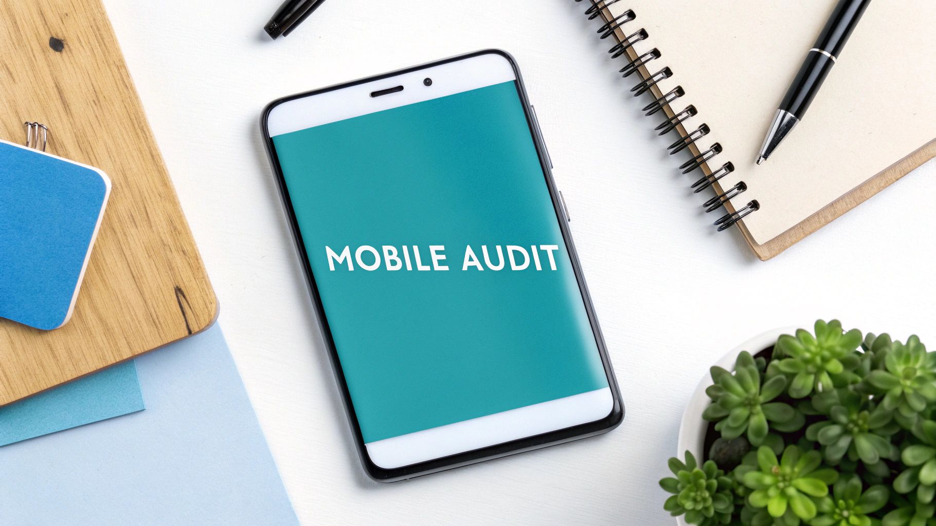 Flat lay of a smartphone displaying 'MOBILE AUDIT' on screen, surrounded by desk items.