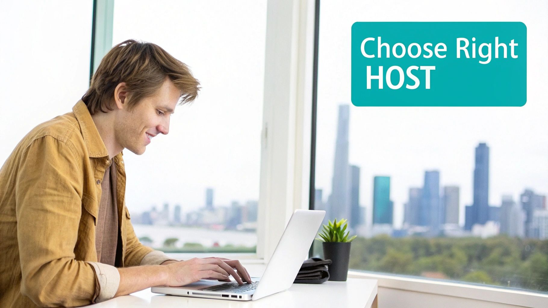A smiling man uses a laptop at a desk by a window with a city view and a 'Choose Right HOST' sign.