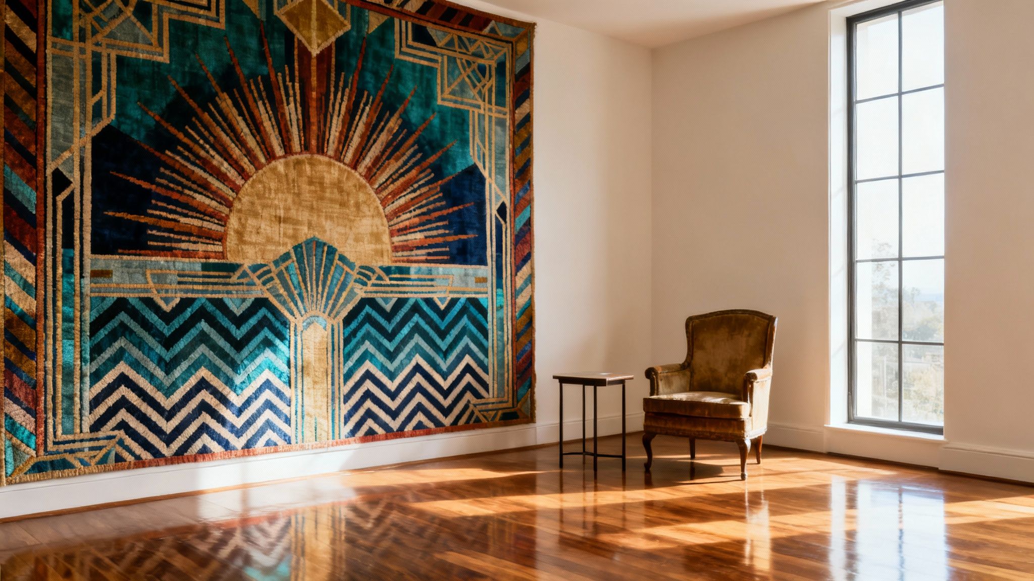 Art Deco rug featuring a sunburst design with geometric motifs and rich colors, displayed in a well-lit room with polished wooden floors and a vintage armchair.