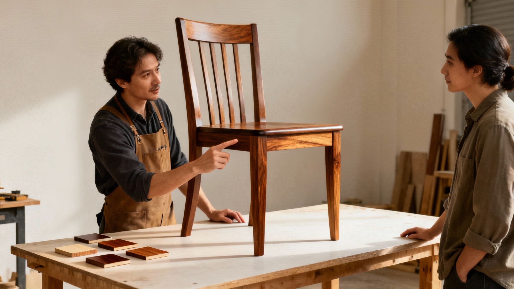 Craftsman discussing antique chair restoration with a client in a workshop, showcasing various wood samples on the table.