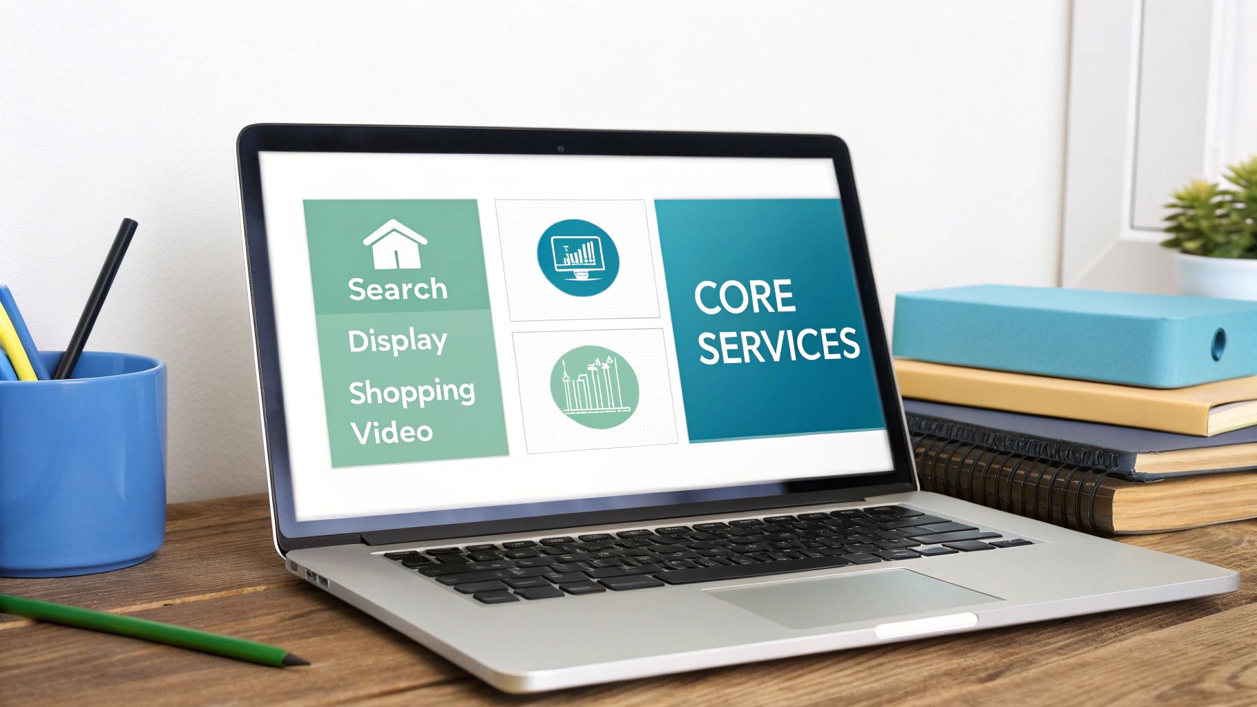 Laptop showing a screen with 'CORE SERVICES' and options like Search, Display, Shopping, Video.
