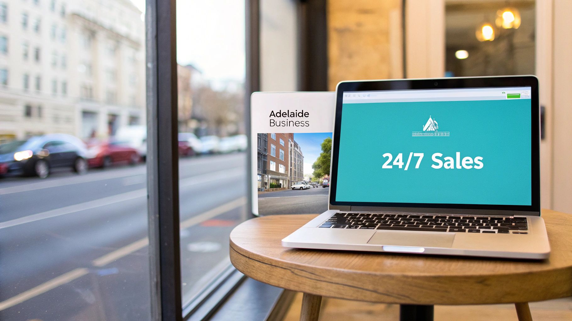 A laptop displaying "24/7 Sales" and an "Adelaide Business" magazine on a wooden table by a window overlooking a city street.