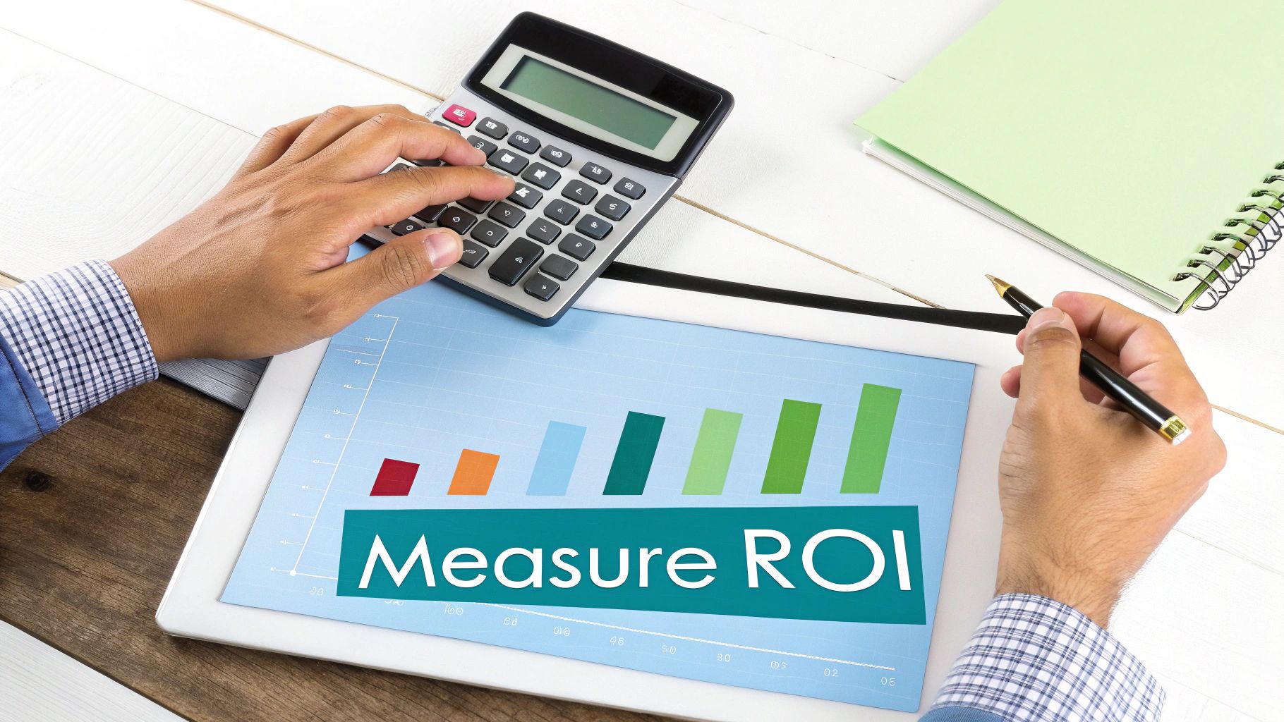 A person calculates ROI on a tablet showing a bar chart, with a calculator and notebook.